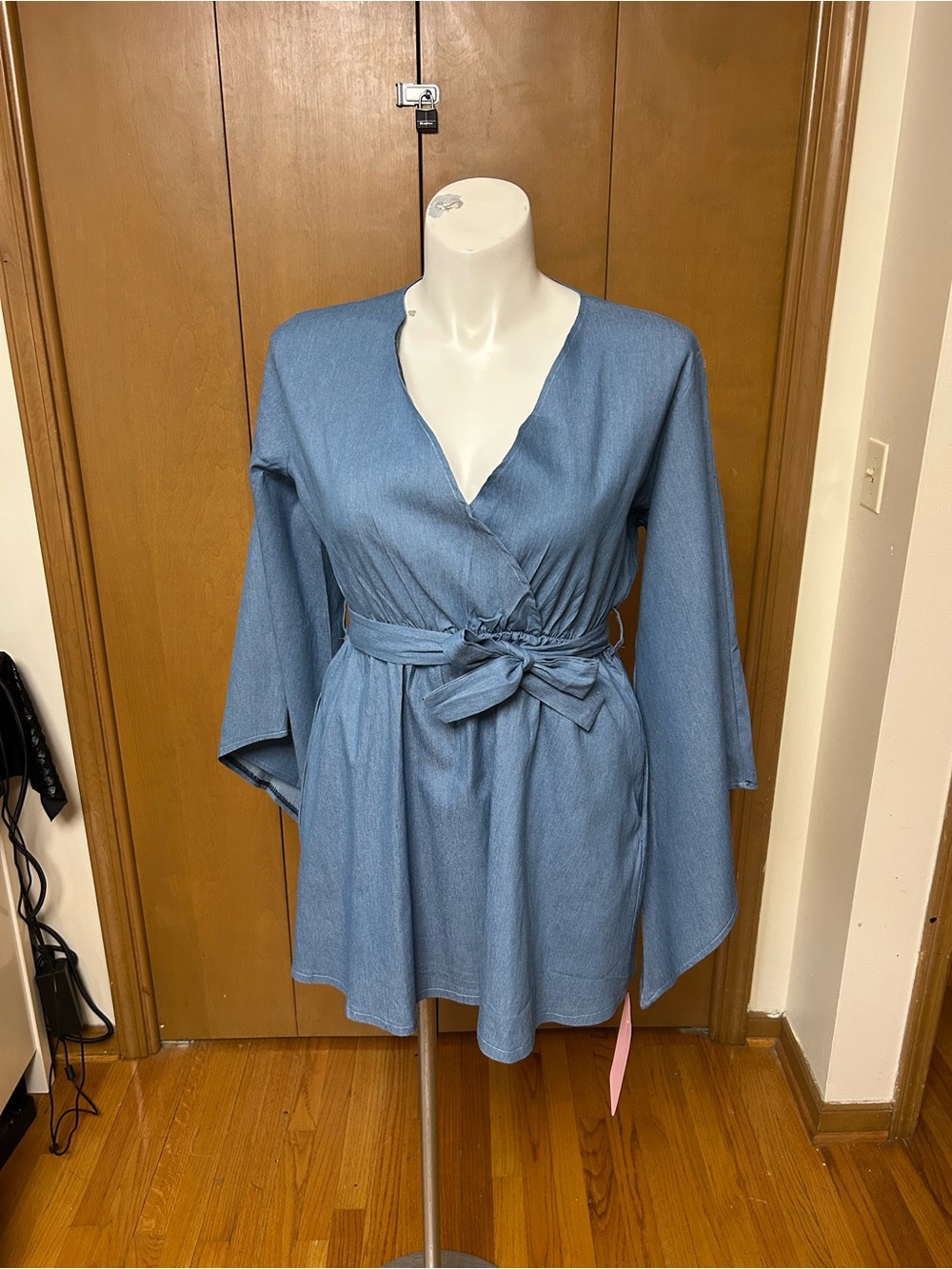 Women's Denim-Blue Wrap Midi Dress with Tie Waist